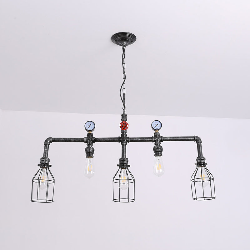 Pipe and Gauge Metal Island Lighting Industrial 5 Lights Restaurant Suspension Light with Cage in Black Clearhalo 'Ceiling Lights' 'Island Lights' 'Lighting' 2612403