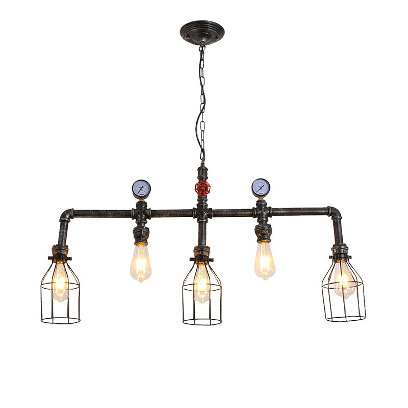 Pipe and Gauge Metal Island Lighting Industrial 5 Lights Restaurant Suspension Light with Cage in Black Black Clearhalo 'Ceiling Lights' 'Island Lights' 'Lighting' 2612404