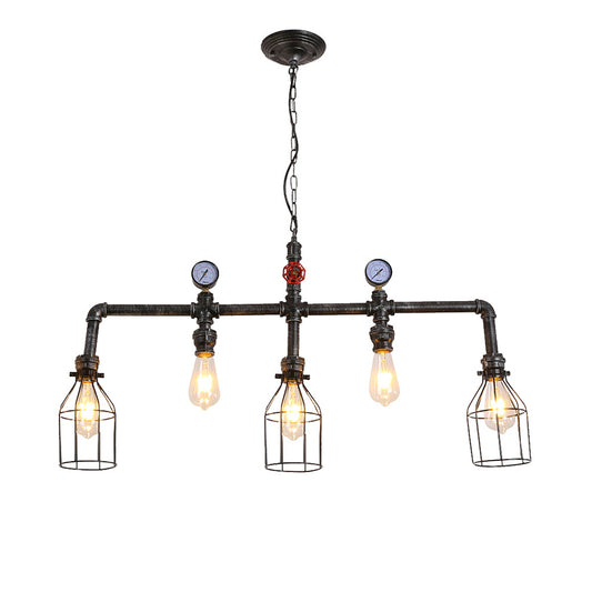 Pipe and Gauge Metal Island Lighting Industrial 5 Lights Restaurant Suspension Light with Cage in Black Black Clearhalo 'Ceiling Lights' 'Island Lights' 'Lighting' 2612404