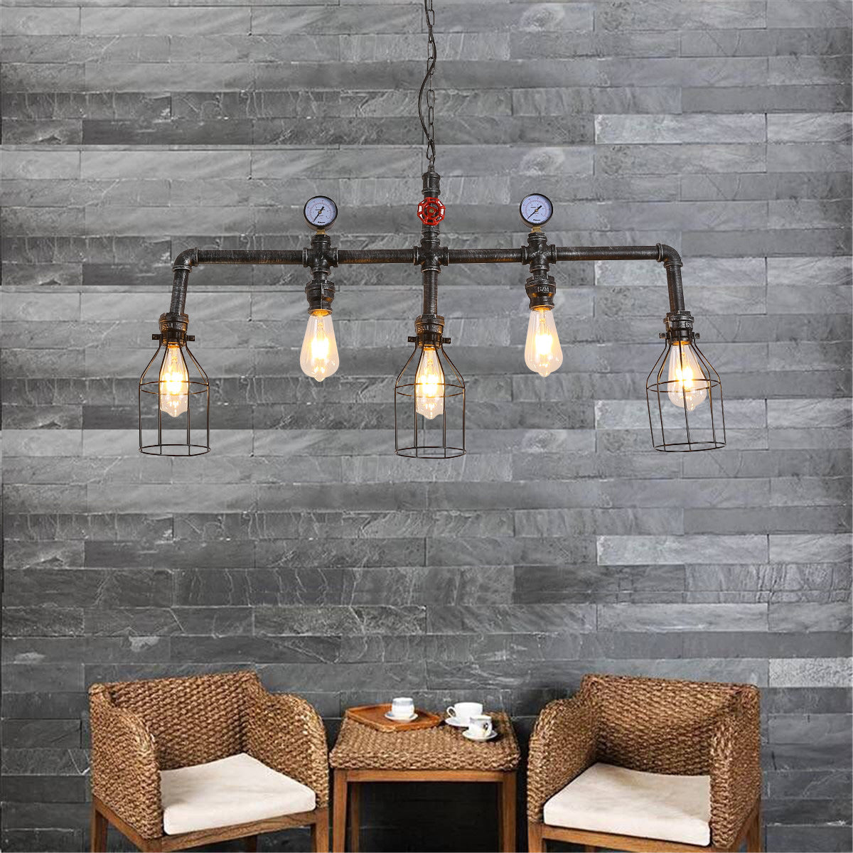 Pipe and Gauge Metal Island Lighting Industrial 5 Lights Restaurant Suspension Light with Cage in Black Clearhalo 'Ceiling Lights' 'Island Lights' 'Lighting' 2612409
