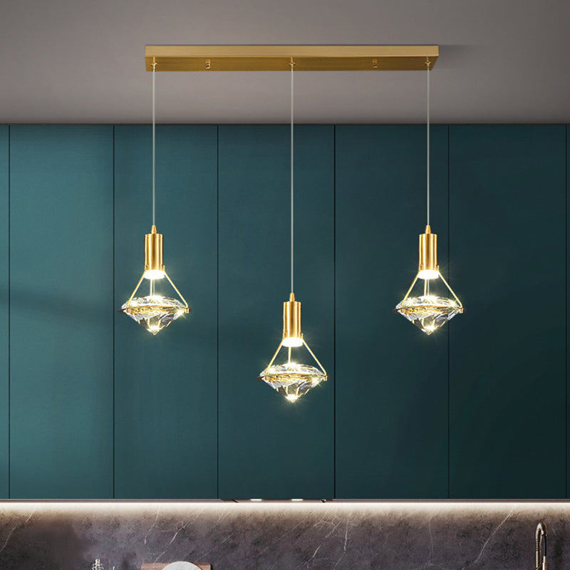 Crystal Diamond Island Lighting Postmodern Gold Finish LED Pendant Light Fixture 3 Gold Linear Clearhalo 'Ceiling Lights' 'Island Lights' 'Lighting' 2612456