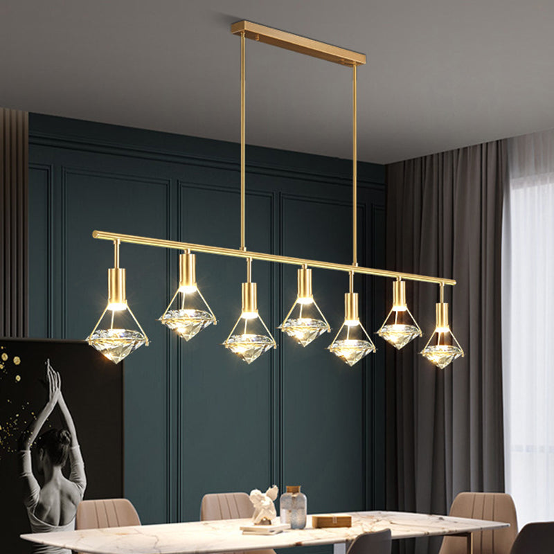 Crystal Diamond Island Lighting Postmodern Gold Finish LED Pendant Light Fixture 7 Gold Linear Clearhalo 'Ceiling Lights' 'Island Lights' 'Lighting' 2612460