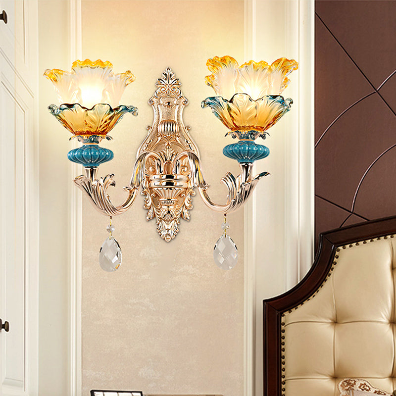 Flower Wall Light Fixture Modernism Amber and Blue Glass 1/2 Heads Brass Sconce Light Clearhalo 'Cast Iron' 'Glass' 'Industrial' 'Modern wall lights' 'Modern' 'Tiffany' 'Traditional wall lights' 'Wall Lamps & Sconces' 'Wall Lights' Lighting' 261247