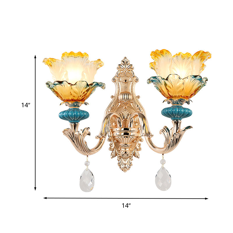 Flower Wall Light Fixture Modernism Amber and Blue Glass 1/2 Heads Brass Sconce Light Clearhalo 'Cast Iron' 'Glass' 'Industrial' 'Modern wall lights' 'Modern' 'Tiffany' 'Traditional wall lights' 'Wall Lamps & Sconces' 'Wall Lights' Lighting' 261249