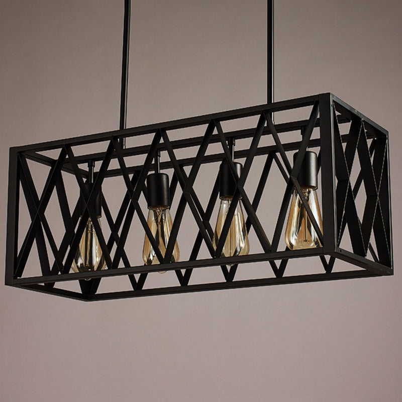 Rectangular Island Light Industrial Style Black Ironwork Pendant Lighting for Bar 4 Black Clearhalo 'Ceiling Lights' 'Island Lights' 'Lighting' 2612508