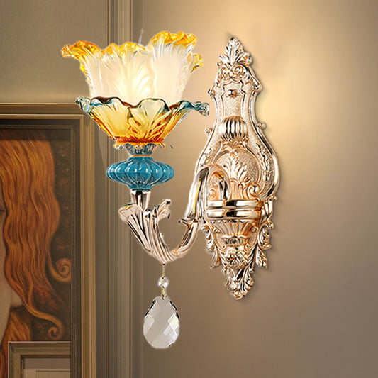 Flower Wall Light Fixture Modernism Amber and Blue Glass 1/2 Heads Brass Sconce Light Clearhalo 'Cast Iron' 'Glass' 'Industrial' 'Modern wall lights' 'Modern' 'Tiffany' 'Traditional wall lights' 'Wall Lamps & Sconces' 'Wall Lights' Lighting' 261250