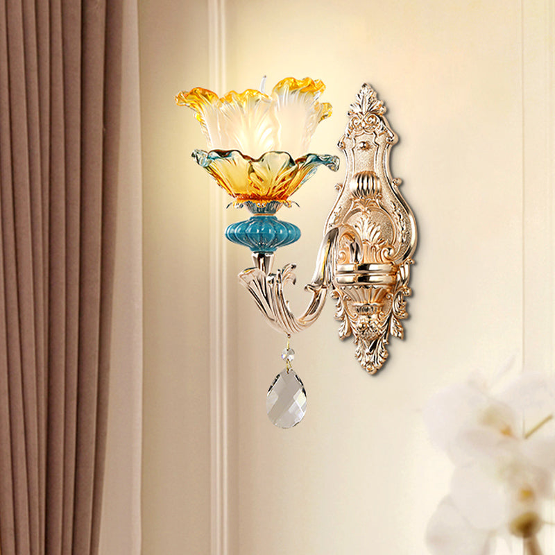 Flower Wall Light Fixture Modernism Amber and Blue Glass 1/2 Heads Brass Sconce Light Clearhalo 'Cast Iron' 'Glass' 'Industrial' 'Modern wall lights' 'Modern' 'Tiffany' 'Traditional wall lights' 'Wall Lamps & Sconces' 'Wall Lights' Lighting' 261251
