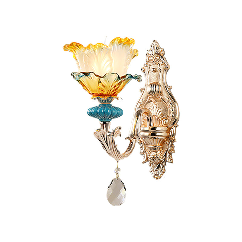 Flower Wall Light Fixture Modernism Amber and Blue Glass 1/2 Heads Brass Sconce Light Clearhalo 'Cast Iron' 'Glass' 'Industrial' 'Modern wall lights' 'Modern' 'Tiffany' 'Traditional wall lights' 'Wall Lamps & Sconces' 'Wall Lights' Lighting' 261252
