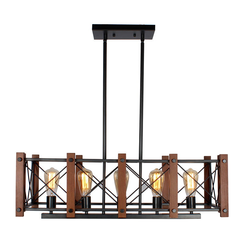 5 Lights Pendant Light Industrial Rectangular Cage Metal Island Lighting in Black Clearhalo 'Ceiling Lights' 'Island Lights' 'Lighting' 2612528