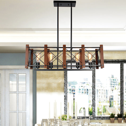 5 Lights Pendant Light Industrial Rectangular Cage Metal Island Lighting in Black Clearhalo 'Ceiling Lights' 'Island Lights' 'Lighting' 2612529