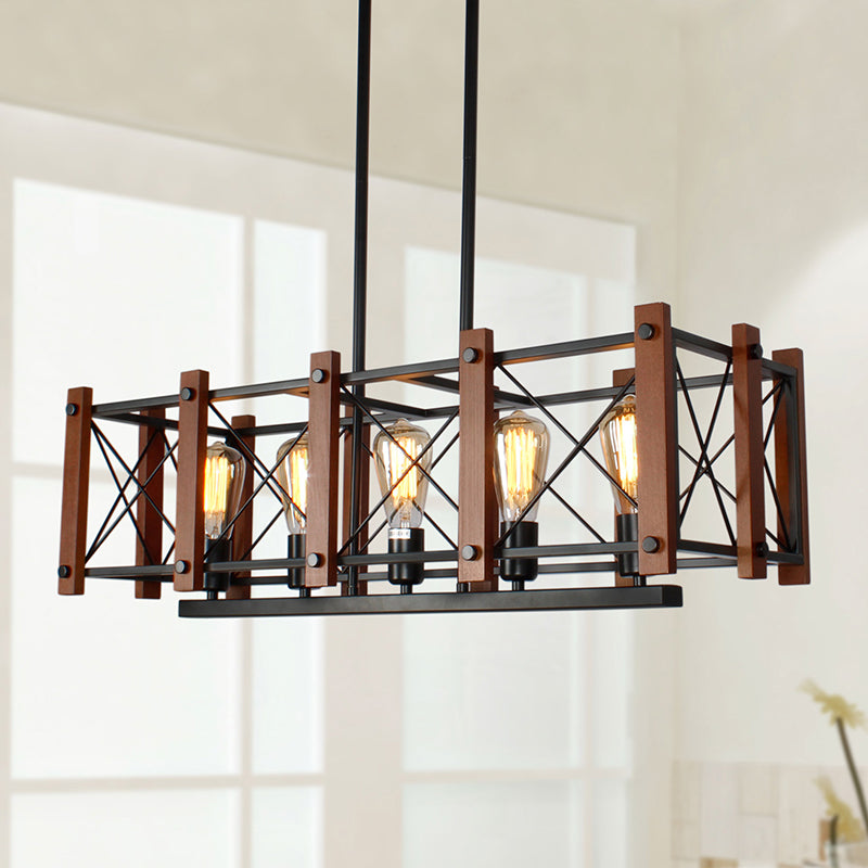 5 Lights Pendant Light Industrial Rectangular Cage Metal Island Lighting in Black Clearhalo 'Ceiling Lights' 'Island Lights' 'Lighting' 2612532