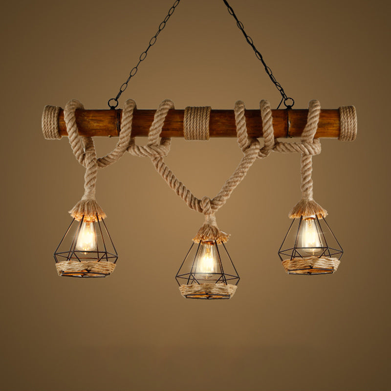 3-Light Hemp Rope Island Pendant Countryside Beige Shaded Restaurant Suspension Light Beige Diamond Clearhalo 'Ceiling Lights' 'Island Lights' 'Lighting' 2612544