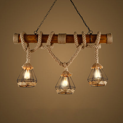 3-Light Hemp Rope Island Pendant Countryside Beige Shaded Restaurant Suspension Light Beige Diamond Clearhalo 'Ceiling Lights' 'Island Lights' 'Lighting' 2612544
