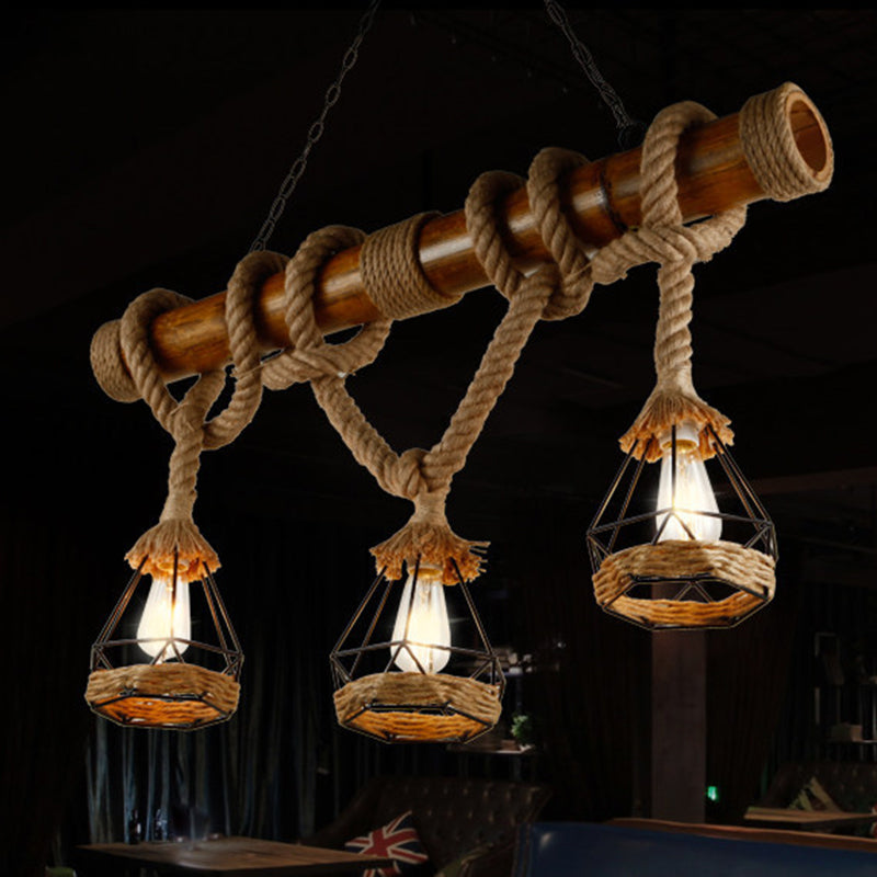 3-Light Hemp Rope Island Pendant Countryside Beige Shaded Restaurant Suspension Light Clearhalo 'Ceiling Lights' 'Island Lights' 'Lighting' 2612546