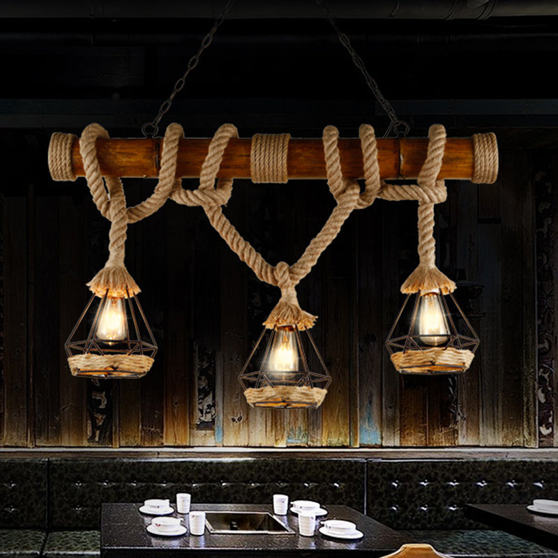 3-Light Hemp Rope Island Pendant Countryside Beige Shaded Restaurant Suspension Light Clearhalo 'Ceiling Lights' 'Island Lights' 'Lighting' 2612547