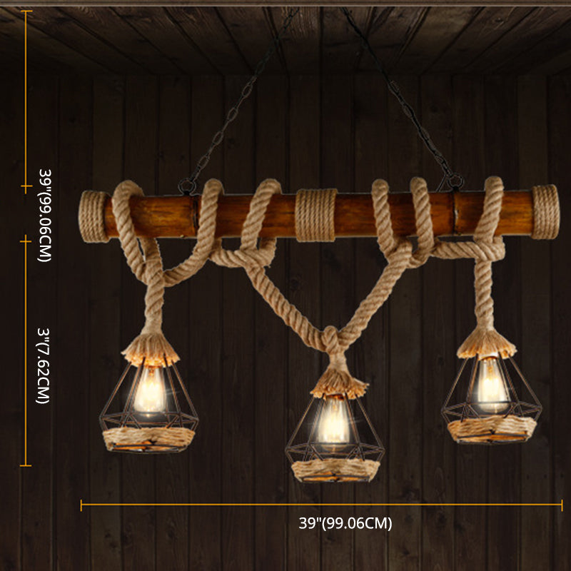 3-Light Hemp Rope Island Pendant Countryside Beige Shaded Restaurant Suspension Light Clearhalo 'Ceiling Lights' 'Island Lights' 'Lighting' 2612549