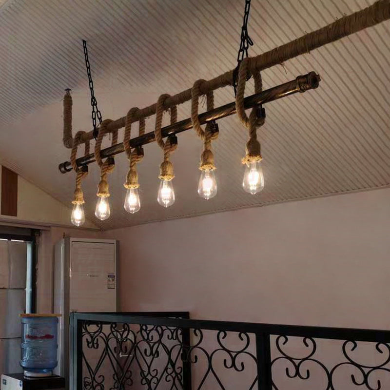 Linear Bar Island Light Fixture Industrial Hemp Rope Bronze Finish Suspension Light 6 Bronze Clearhalo 'Ceiling Lights' 'Island Lights' 'Lighting' 2612558