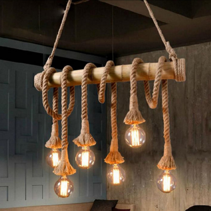 Hemp Rope Pendant Lamp Industrial Style Beige Linear Restaurant over Island Lighting Clearhalo 'Ceiling Lights' 'Island Lights' 'Lighting' 2612563