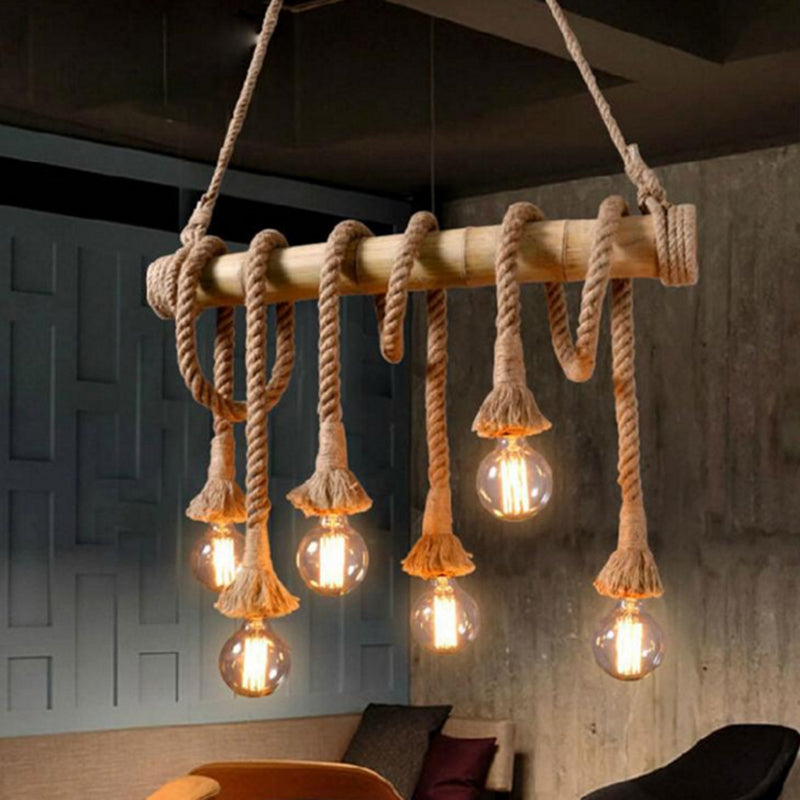Hemp Rope Pendant Lamp Industrial Style Beige Linear Restaurant over Island Lighting Beige Shadeless Clearhalo 'Ceiling Lights' 'Island Lights' 'Lighting' 2612565