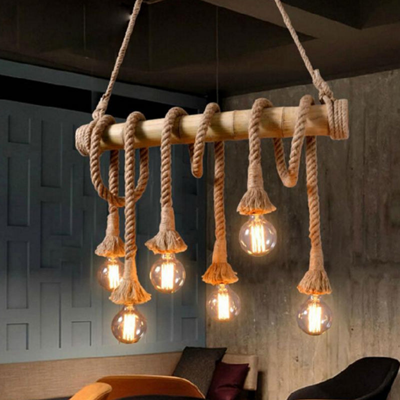 Hemp Rope Pendant Lamp Industrial Style Beige Linear Restaurant over Island Lighting Clearhalo 'Ceiling Lights' 'Island Lights' 'Lighting' 2612569
