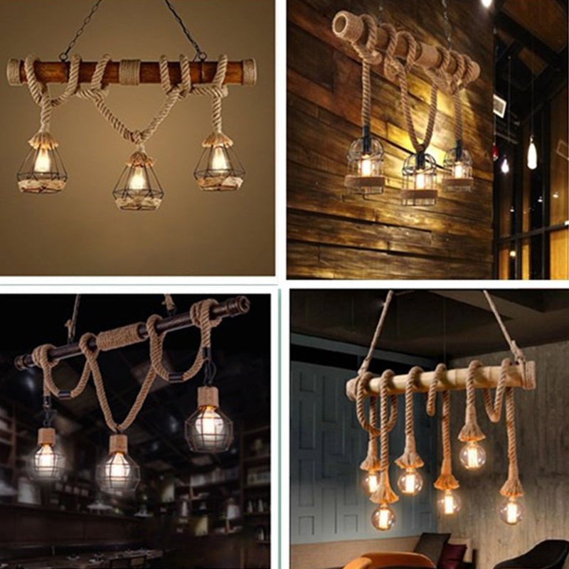 Hemp Rope Pendant Lamp Industrial Style Beige Linear Restaurant over Island Lighting Clearhalo 'Ceiling Lights' 'Island Lights' 'Lighting' 2612572