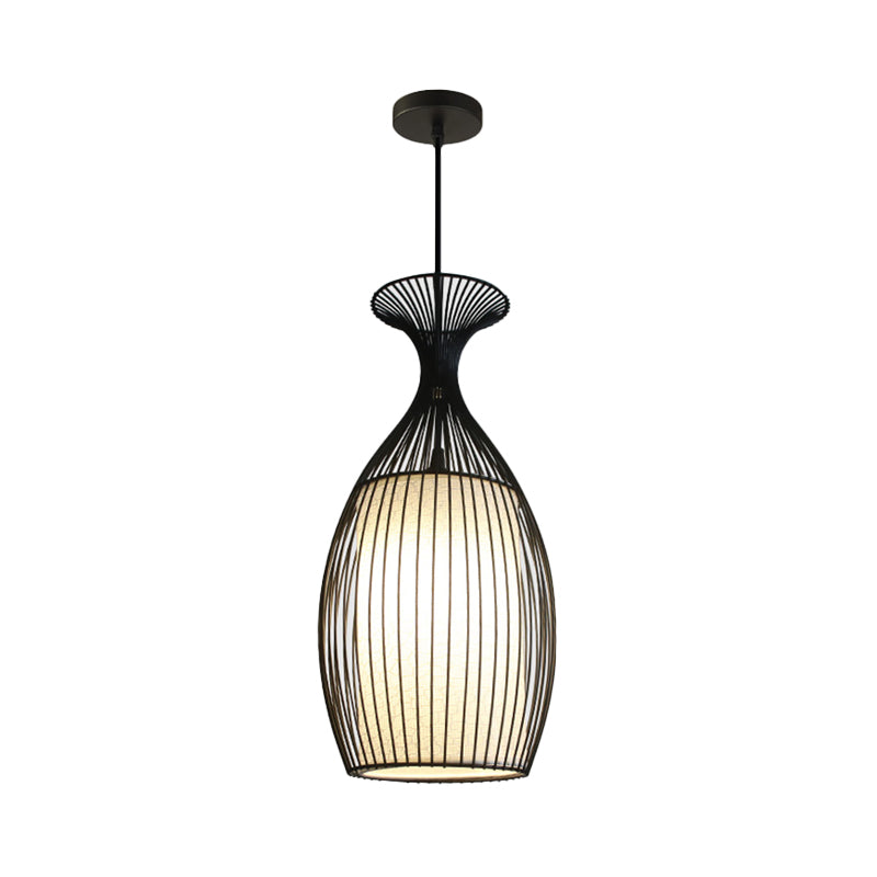 1 Light Round/Oval/Lantern Ceiling Suspension Lamp Classic Black Fabric Pendant Light Fixture for Dining Room Clearhalo 'Ceiling Lights' 'Pendant Lights' 'Pendants' Lighting' 261275