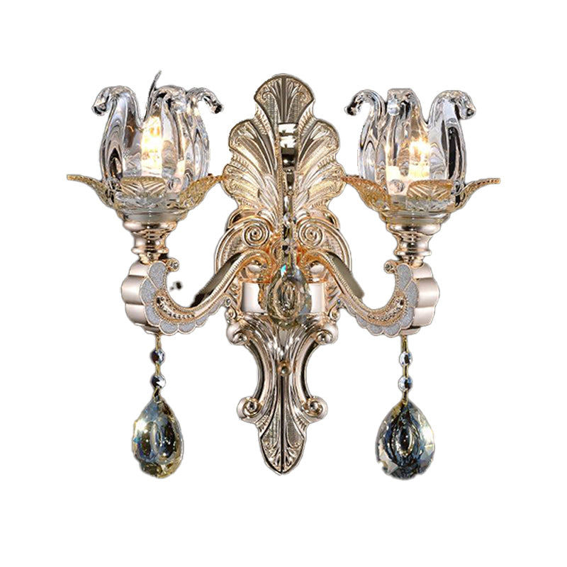 Clear Glass Floral Sconce Light Fixture Contemporary 1/2 Heads Wall Mounted Light with Crystal Drop Clearhalo 'Cast Iron' 'Glass' 'Industrial' 'Modern wall lights' 'Modern' 'Tiffany' 'Traditional wall lights' 'Wall Lamps & Sconces' 'Wall Lights' Lighting' 261295