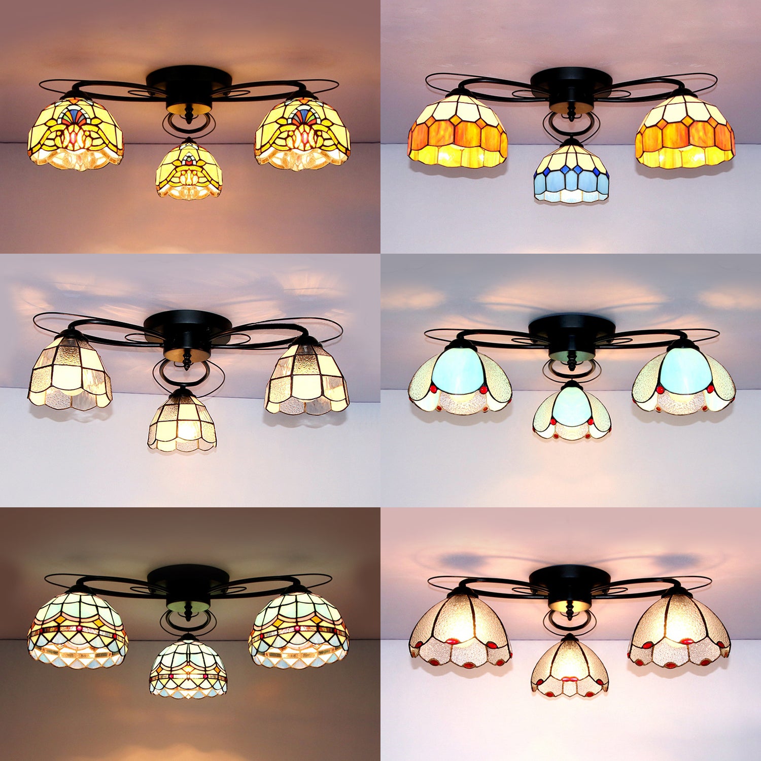 Dome Shape Ceiling Fixture with Victorian/Baroque/Square/Diamond/BlueSquare/Blue Diamond Vintage Stained Glass 3 Lights Flush Mount Ceiling Fixture in Black Clearhalo 'Ceiling Lights' 'Close To Ceiling Lights' 'Close to ceiling' 'Glass shade' 'Glass' 'Semi-flushmount' 'Tiffany close to ceiling' 'Tiffany' Lighting' 26135