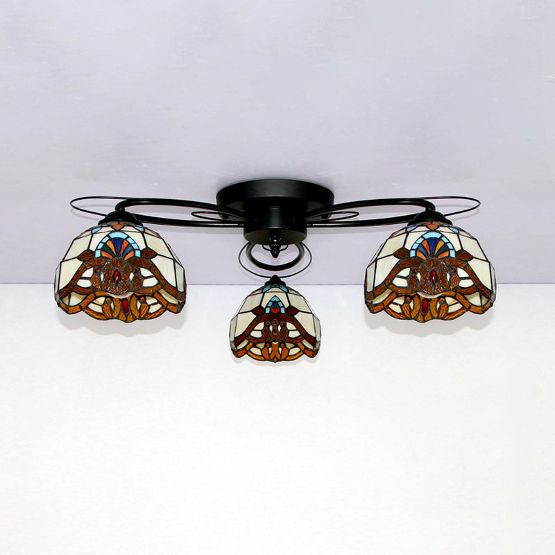 Dome Shape Ceiling Fixture with Victorian/Baroque/Square/Diamond/BlueSquare/Blue Diamond Vintage Stained Glass 3 Lights Flush Mount Ceiling Fixture in Black Clearhalo 'Ceiling Lights' 'Close To Ceiling Lights' 'Close to ceiling' 'Glass shade' 'Glass' 'Semi-flushmount' 'Tiffany close to ceiling' 'Tiffany' Lighting' 26137
