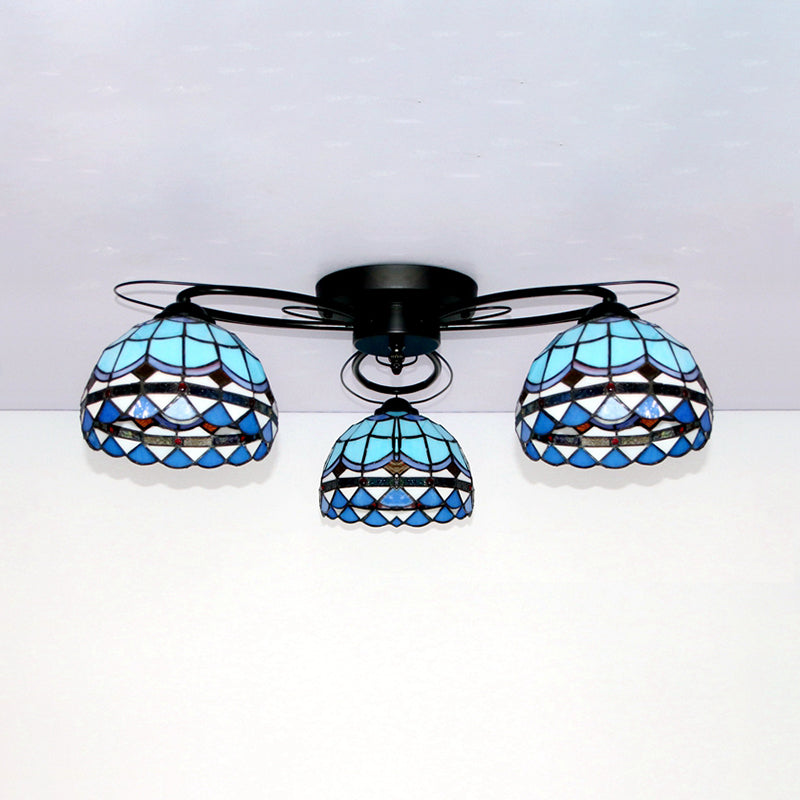 Dome Shape Ceiling Fixture with Victorian/Baroque/Square/Diamond/BlueSquare/Blue Diamond Vintage Stained Glass 3 Lights Flush Mount Ceiling Fixture in Black Clearhalo 'Ceiling Lights' 'Close To Ceiling Lights' 'Close to ceiling' 'Glass shade' 'Glass' 'Semi-flushmount' 'Tiffany close to ceiling' 'Tiffany' Lighting' 26139