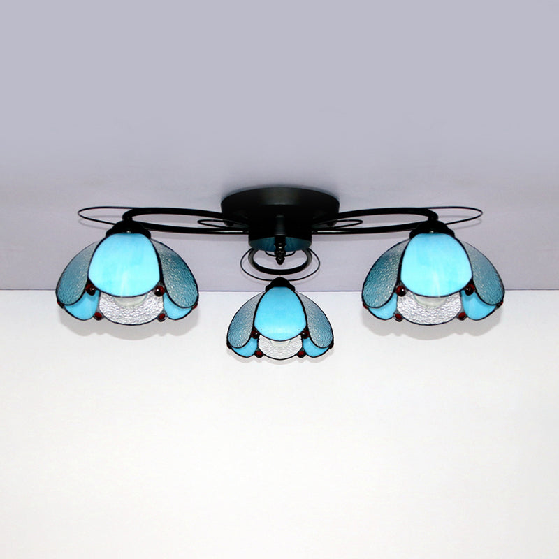 Dome Shape Ceiling Fixture with Victorian/Baroque/Square/Diamond/BlueSquare/Blue Diamond Vintage Stained Glass 3 Lights Flush Mount Ceiling Fixture in Black Clearhalo 'Ceiling Lights' 'Close To Ceiling Lights' 'Close to ceiling' 'Glass shade' 'Glass' 'Semi-flushmount' 'Tiffany close to ceiling' 'Tiffany' Lighting' 26141