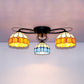 Dome Shape Ceiling Fixture with Victorian/Baroque/Square/Diamond/BlueSquare/Blue Diamond Vintage Stained Glass 3 Lights Flush Mount Ceiling Fixture in Black Black Blue Square Clearhalo 'Ceiling Lights' 'Close To Ceiling Lights' 'Close to ceiling' 'Glass shade' 'Glass' 'Semi-flushmount' 'Tiffany close to ceiling' 'Tiffany' Lighting' 26144