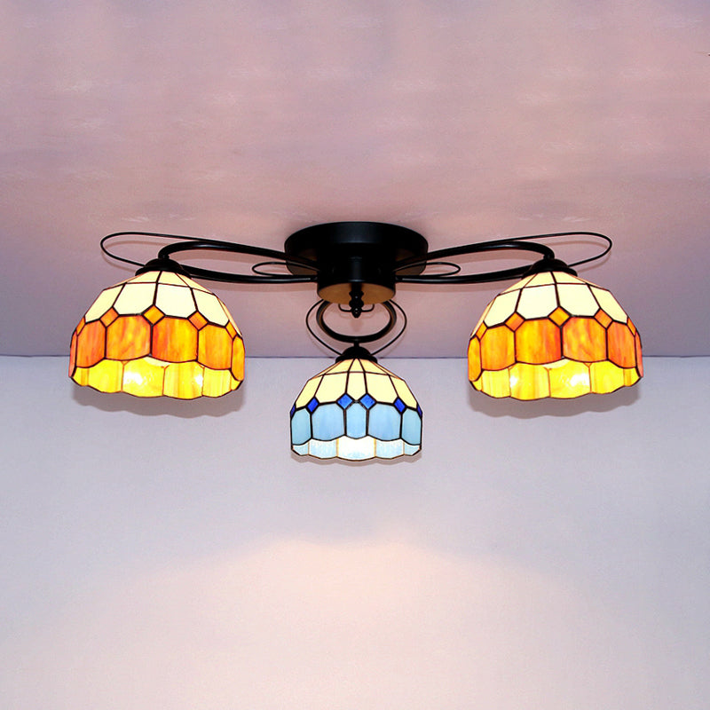 Dome Shape Ceiling Fixture with Victorian/Baroque/Square/Diamond/BlueSquare/Blue Diamond Vintage Stained Glass 3 Lights Flush Mount Ceiling Fixture in Black Black Blue Square Clearhalo 'Ceiling Lights' 'Close To Ceiling Lights' 'Close to ceiling' 'Glass shade' 'Glass' 'Semi-flushmount' 'Tiffany close to ceiling' 'Tiffany' Lighting' 26144