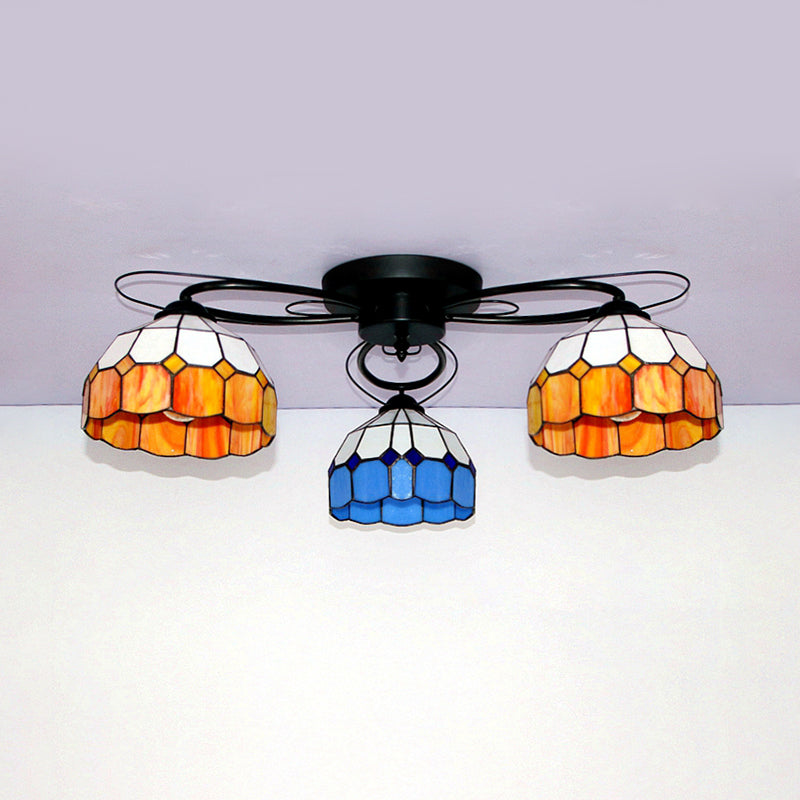 Dome Shape Ceiling Fixture with Victorian/Baroque/Square/Diamond/BlueSquare/Blue Diamond Vintage Stained Glass 3 Lights Flush Mount Ceiling Fixture in Black Clearhalo 'Ceiling Lights' 'Close To Ceiling Lights' 'Close to ceiling' 'Glass shade' 'Glass' 'Semi-flushmount' 'Tiffany close to ceiling' 'Tiffany' Lighting' 26145