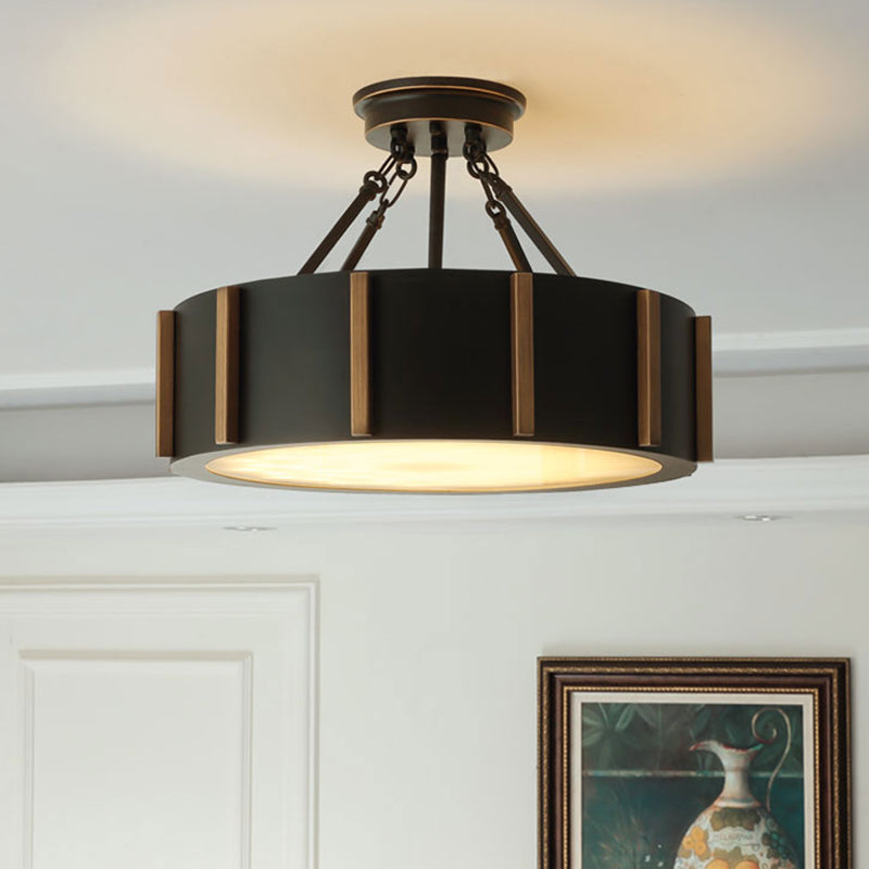 LED Semi Flush Drum Light Rustic Black Metallic Close to Ceiling Light Fixture, Warm Light Clearhalo 'Ceiling Lights' 'Close To Ceiling Lights' 'Close to ceiling' 'Semi-flushmount' Lighting' 261462
