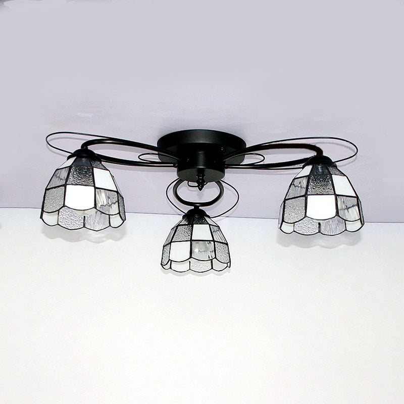 Dome Shape Ceiling Fixture with Victorian/Baroque/Square/Diamond/BlueSquare/Blue Diamond Vintage Stained Glass 3 Lights Flush Mount Ceiling Fixture in Black Clearhalo 'Ceiling Lights' 'Close To Ceiling Lights' 'Close to ceiling' 'Glass shade' 'Glass' 'Semi-flushmount' 'Tiffany close to ceiling' 'Tiffany' Lighting' 26147