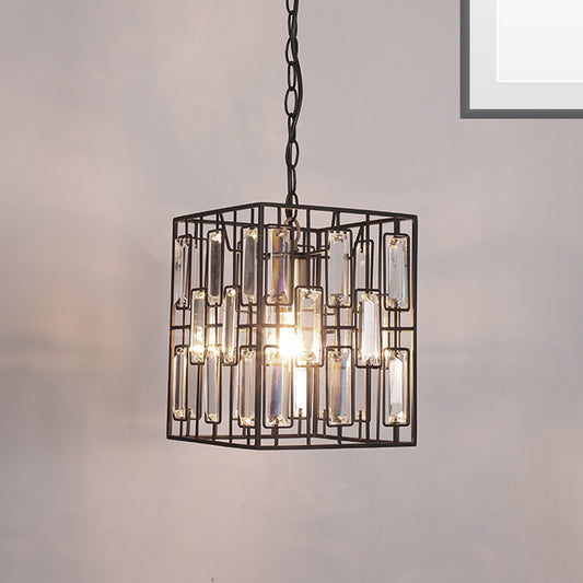 8"/10"/12.5" W Black Cuboid Pendant Lamp Traditional 1 Bulb Metallic Ceiling Pendant Light with Crystal Icicle Black Clearhalo 'Art Deco Pendants' 'Cast Iron' 'Ceiling Lights' 'Ceramic' 'Crystal' 'Industrial Pendants' 'Industrial' 'Metal' 'Middle Century Pendants' 'Pendant Lights' 'Pendants' 'Tiffany' Lighting' 261472