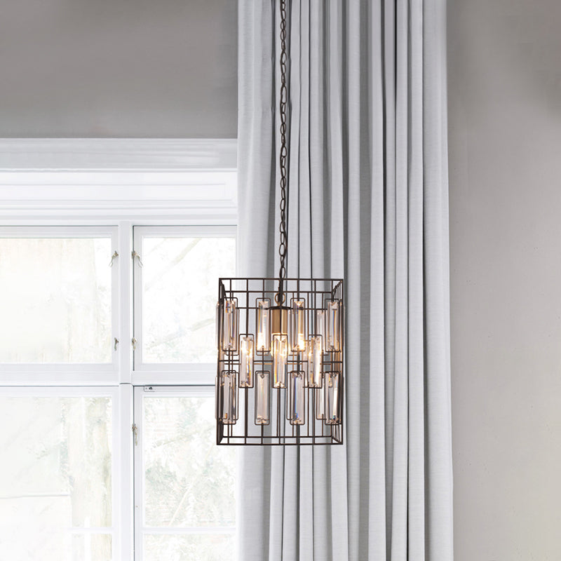 8"/10"/12.5" W Black Cuboid Pendant Lamp Traditional 1 Bulb Metallic Ceiling Pendant Light with Crystal Icicle Clearhalo 'Art Deco Pendants' 'Cast Iron' 'Ceiling Lights' 'Ceramic' 'Crystal' 'Industrial Pendants' 'Industrial' 'Metal' 'Middle Century Pendants' 'Pendant Lights' 'Pendants' 'Tiffany' Lighting' 261474