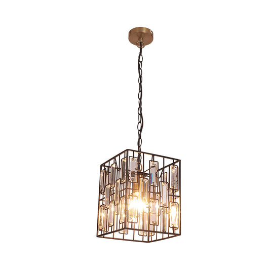 8"/10"/12.5" W Black Cuboid Pendant Lamp Traditional 1 Bulb Metallic Ceiling Pendant Light with Crystal Icicle Clearhalo 'Art Deco Pendants' 'Cast Iron' 'Ceiling Lights' 'Ceramic' 'Crystal' 'Industrial Pendants' 'Industrial' 'Metal' 'Middle Century Pendants' 'Pendant Lights' 'Pendants' 'Tiffany' Lighting' 261475