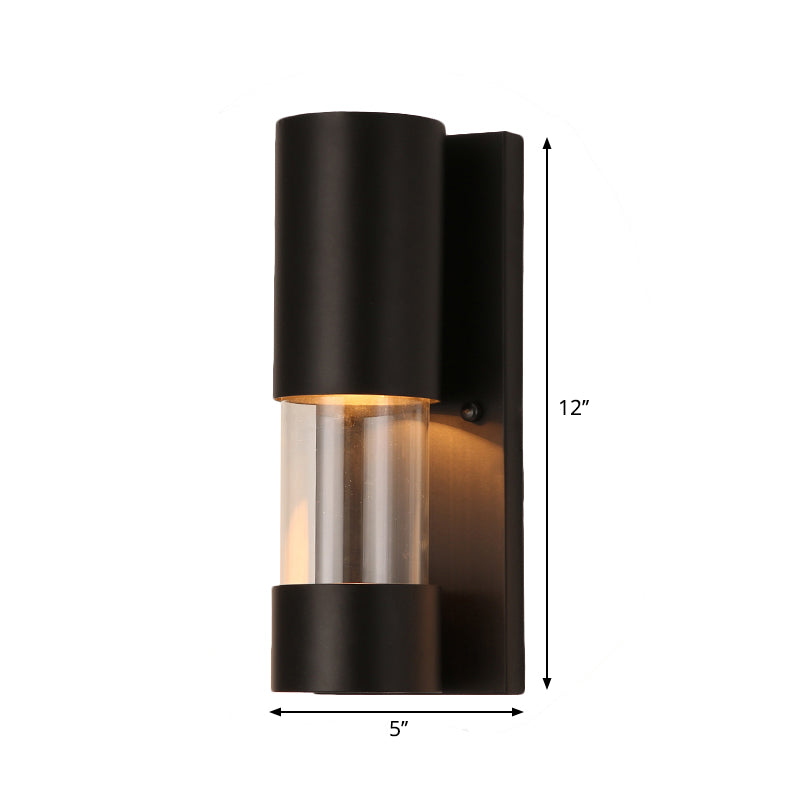Black Cylindrical Wall Mount Light Industrial Style 1 Bulb Metallic and Clear Glass Wall Sconce for Hallway Clearhalo 'Art deco wall lights' 'Cast Iron' 'Glass' 'Industrial wall lights' 'Industrial' 'Middle century wall lights' 'Modern' 'Rustic wall lights' 'Tiffany' 'Traditional wall lights' 'Wall Lamps & Sconces' 'Wall Lights' Lighting' 261557