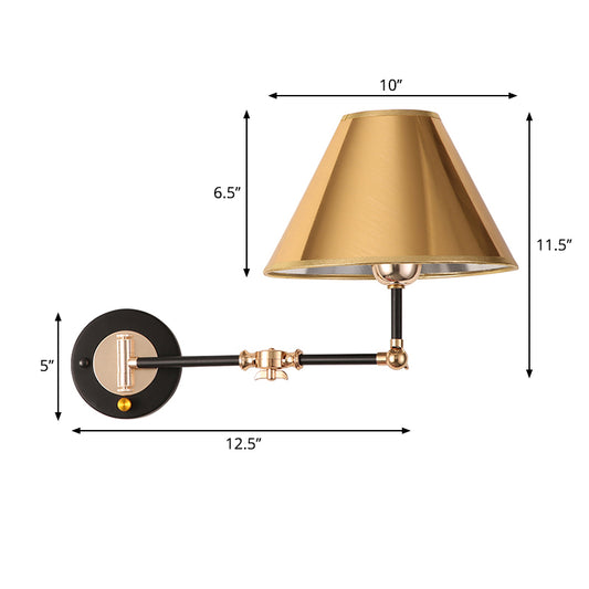 Cone Shade Bedroom Wall Light Fixture Metal 1 Head Industrial Stylish Wall Sconce Lamp with Swing Arm in Gold Clearhalo 'Art deco wall lights' 'Cast Iron' 'Glass' 'Industrial wall lights' 'Industrial' 'Middle century wall lights' 'Modern' 'Rustic wall lights' 'Tiffany' 'Traditional wall lights' 'Wall Lamps & Sconces' 'Wall Lights' Lighting' 261558