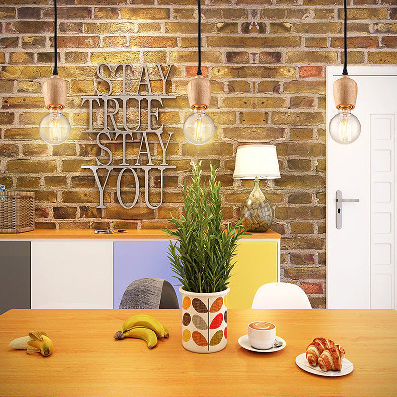 Wooden Cap Hanging Light Loft Style 1 Head Living Room Pendant Lamp with Exposed Bulb and Adjustable Cord, 2"/3" W Clearhalo 'Art Deco Pendants' 'Cast Iron' 'Ceiling Lights' 'Ceramic' 'Crystal' 'Industrial Pendants' 'Industrial' 'Metal' 'Middle Century Pendants' 'Pendant Lights' 'Pendants' 'Tiffany' Lighting' 26161