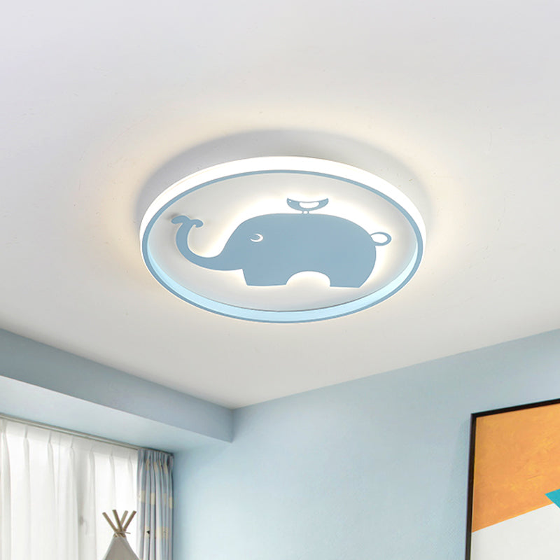 Ring Flush Lamp with Blue/Pink Horse/Elephant Design Metal Led Cartoon Ceiling Light for Children Blue Elephant Clearhalo 'Ceiling Lights' 'Close To Ceiling Lights' 'Close to ceiling' 'Flush mount' Lighting' 261610