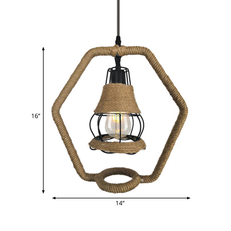 Black Wire Cage Hanging Lighting Country Style 1 Head Metal and Rope Ceiling Lamp with Hexagon Shape Clearhalo 'Ceiling Lights' 'Industrial Pendants' 'Industrial' 'Middle Century Pendants' 'Pendant Lights' 'Pendants' 'Tiffany' Lighting' 261668