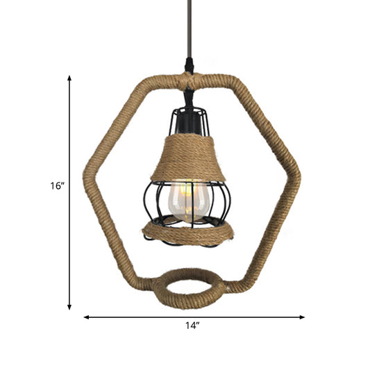 Black Wire Cage Hanging Lighting Country Style 1 Head Metal and Rope Ceiling Lamp with Hexagon Shape Clearhalo 'Ceiling Lights' 'Industrial Pendants' 'Industrial' 'Middle Century Pendants' 'Pendant Lights' 'Pendants' 'Tiffany' Lighting' 261668