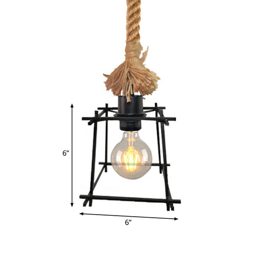 Metal Trapezoid Cage Ceiling Light Retro Style 1 Bulb Black Pendant Lamp with Adjustable Rope for Living Room Clearhalo 'Art Deco Pendants' 'Black' 'Cast Iron' 'Ceiling Lights' 'Ceramic' 'Crystal' 'Industrial Pendants' 'Industrial' 'Metal' 'Middle Century Pendants' 'Pendant Lights' 'Pendants' 'Rustic Pendants' 'Tiffany' Lighting' 261679