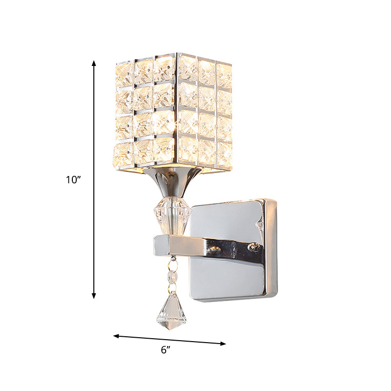 Cubic Shade Wall Sconce Modern Stylish Clear Crystal and Metal 1 Light Bedroom Wall Sconce Fixture in Silver/Gold Clearhalo 'Modern wall lights' 'Modern' 'Wall Lamps & Sconces' 'Wall Lights' Lighting' 261692