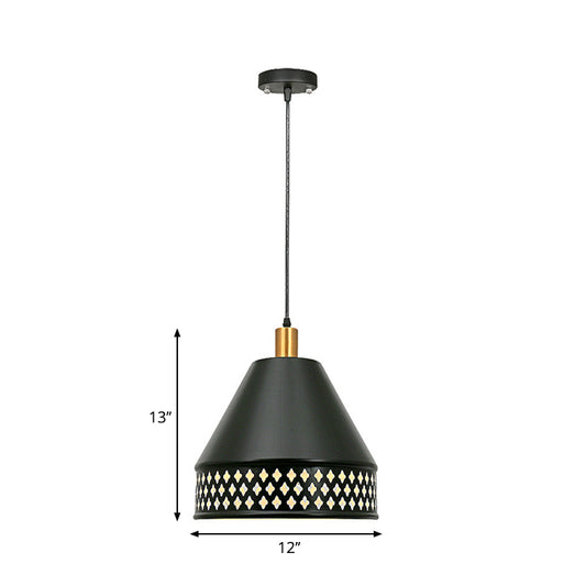 Conic Hanging Light Fixture Industrial Style Metal 1 Head Black Pendant Lighting with Hollow Out Design Clearhalo 'Art Deco Pendants' 'Black' 'Cast Iron' 'Ceiling Lights' 'Ceramic' 'Crystal' 'Industrial Pendants' 'Industrial' 'Metal' 'Middle Century Pendants' 'Pendant Lights' 'Pendants' 'Rustic Pendants' 'Tiffany' Lighting' 261718