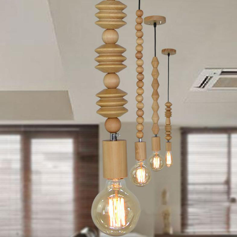 Spherical Bead Wood Hanging Lamp Lodge Style 1 Light Bedside Pendant Lighting with Bare Bulb, 12.5"/14" Height Clearhalo 'Ceiling Lights' 'Industrial Pendants' 'Industrial' 'Middle Century Pendants' 'Pendant Lights' 'Pendants' 'Tiffany' Lighting' 26172