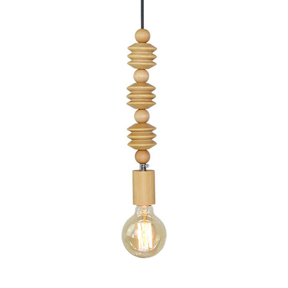 Spherical Bead Wood Hanging Lamp Lodge Style 1 Light Bedside Pendant Lighting with Bare Bulb, 12.5"/14" Height Wood 12.5" Clearhalo 'Ceiling Lights' 'Industrial Pendants' 'Industrial' 'Middle Century Pendants' 'Pendant Lights' 'Pendants' 'Tiffany' Lighting' 26173